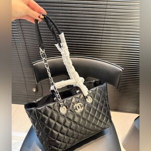 CHANEL Black Quilted Leather Tote with Chain-Strap Handles